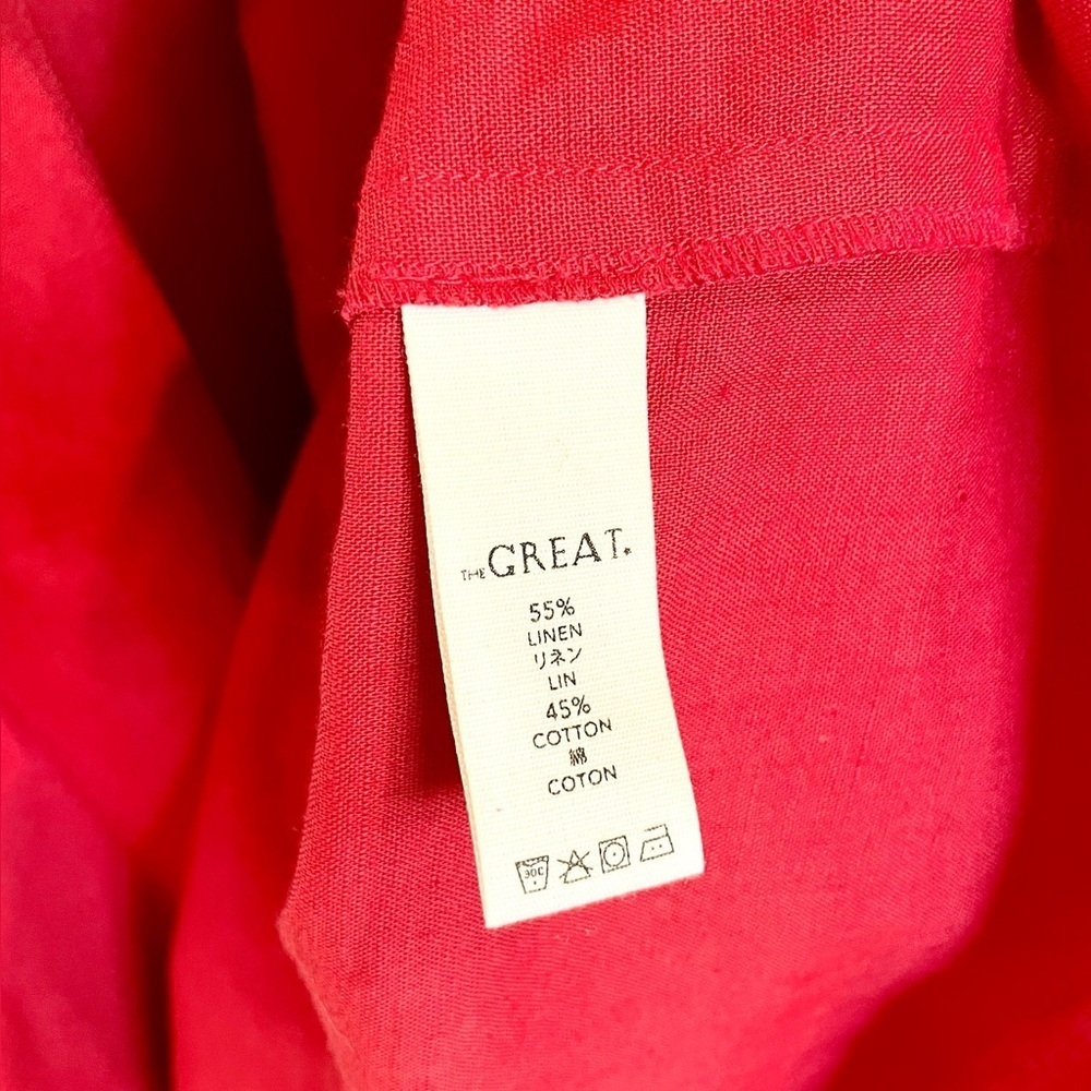 The Great Flutter Tulip Dress Red Linen Blend Ruffle Sleeve Midi Pockets L - Picture 9 of 10